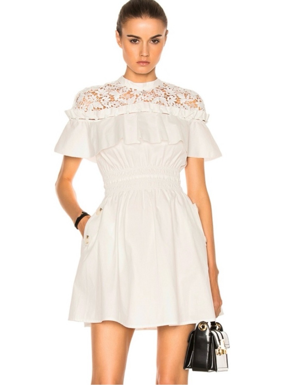 Self Portrait Hudson Mini Dress White Lace Cutout Smocked Waist US 0 UK 4 NWT